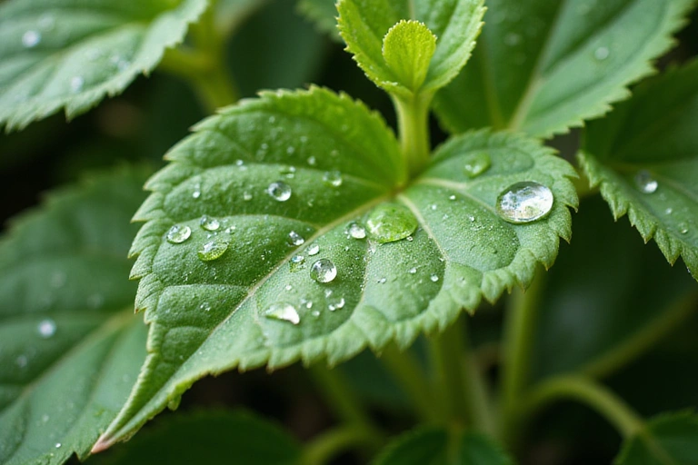A close-up of a vibrant green plant with water droplets