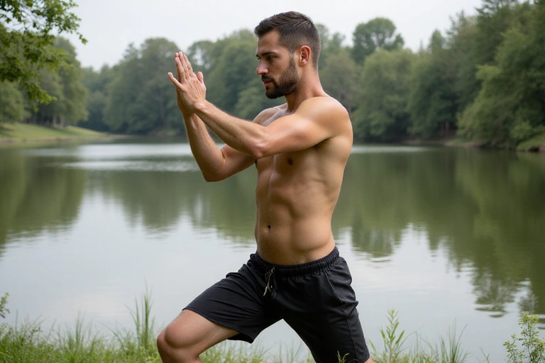 A man engaged in light exercise in a natural setting