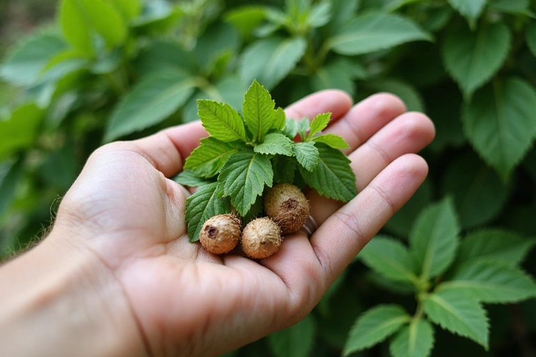 Egy kéz természetes összetevőket tart, háttérben zöld növényekkel